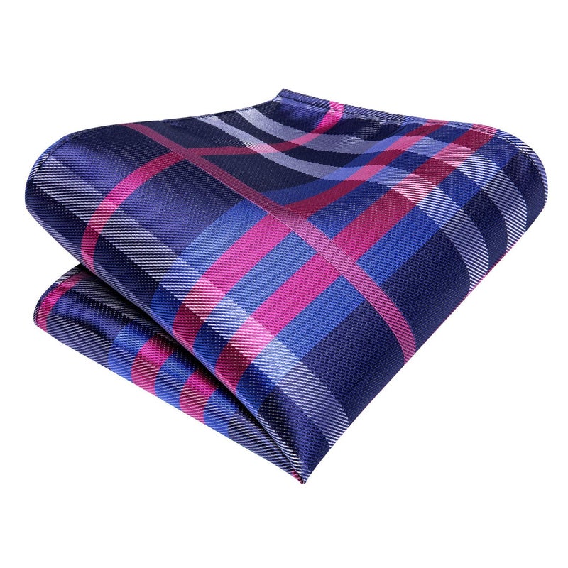 Dubulle Mens Pink Blue Checks Striped Tie WOVEN Necktie for Men and Handkerchief Cufflinks Set Wedding Formal Business - Image 5